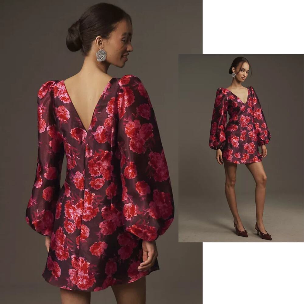 BHLDN Aliana Long Sleeve V Neck Floral Organza Mini Dress XS Red NWT - Picture 10 of 11